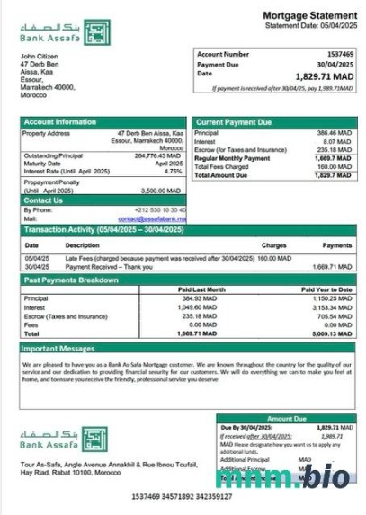 Maroko Bank As-Safa wyciąg z kredytu hipotecznego szablon Word i PDF